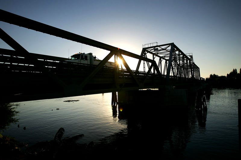 A bridge on Highway 4 over the Middle River accommodates only one large truck at a time on September 28, 2005 west of Stockton, California