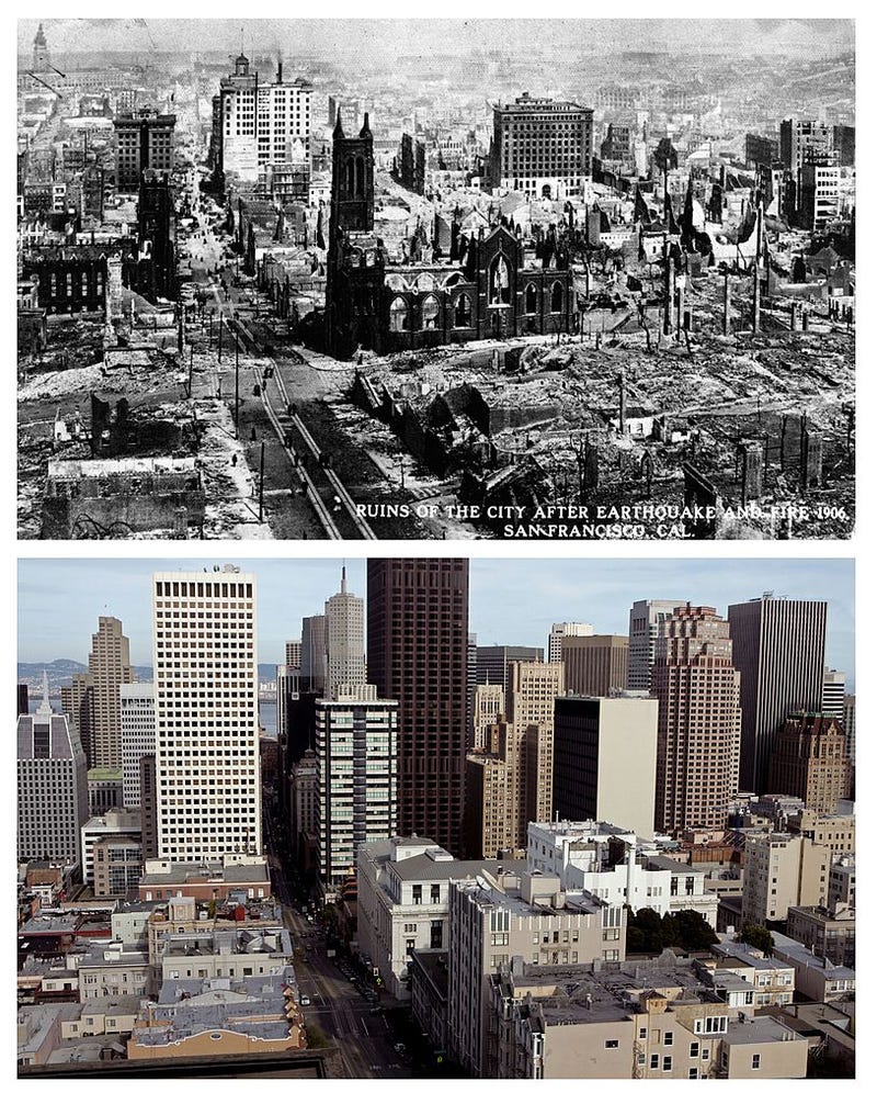 View of the destruction and rubble looking east down California Street from Powell after the 1906 San Francisco earthquake and subsequent fires, May 19, 1906 in San Francisco, California. A view looking down California Street at Powell from the Fairmont Hotel March 23, 2006 in San Francisco.