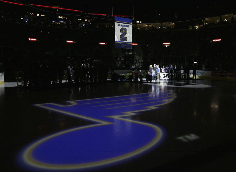 ST. LOUIS - APRIL 9: Former St. Louis Blues defenseman Al MacInnis #2 and his family watch his banner being raised during his jersey retirement ceremony prior to the game between the Blues and Edmonton Oilers at the Savvis Center on April 9, 2006 in St. Louis, Missouri.
