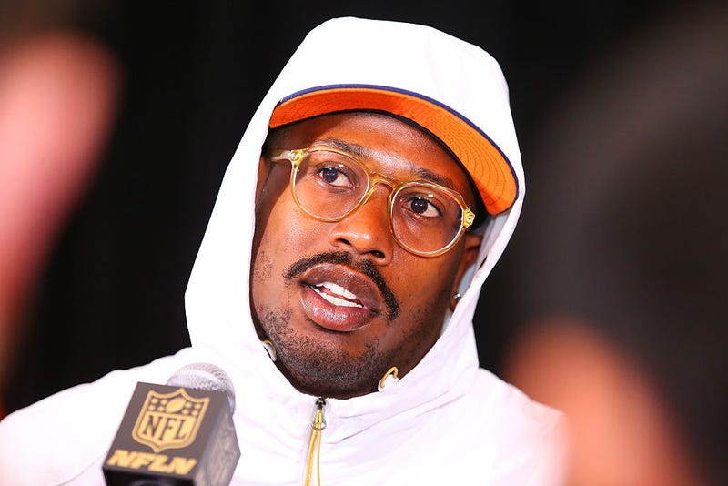 FEB 2016: Denver Broncos linebacker Von Miller during the Super Bowl 50 Denver Broncos press conference in Santa Clara California.