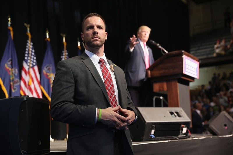 A secret service agent scans the crowd as Republican presidential candidate Donald Trump speaks to supporters on July 27, 2016 in Scranton, Pennsylvania. Trump spoke at the Lackawanna College Student Union Gymnasium.