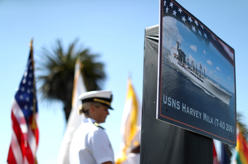 A photo of the new USNS Harvey Milk is displayed during a ship naming ceremony on August 16, 2016 in San Francisco, California. U.S. Navy officials announced plans to name a new replenishment oiler ship after slain civil rights leader Harvey Milk. Six new ships in the class with be named after civil and human rights leaders.