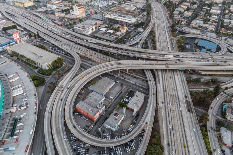 aerial shot of freeway interchange