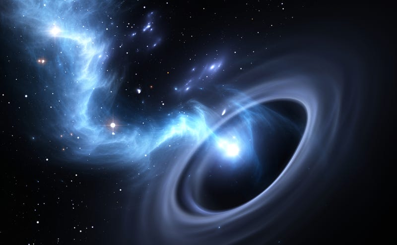 Stars and material falls into a black hole. Concept art.