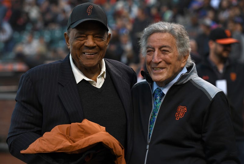 Former San Francisco Giants Willie Mays (L) stands with singer Tony Bennett (R) as the San Francisco Giants honor Bennett for his 90th birthday prior to the start of the game against the New York Mets at AT&T Park on August 19, 2016 in San Francisco, California.
