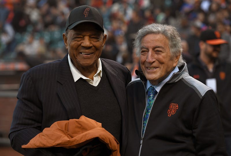 SAN FRANCISCO, CA - AUGUST 19: Former San Francisco Giants Willie Mays (L) stands with singer Tony Bennett (R) as the San Francisco Giants honor Bennett for his 90th birthday prior to the start of the game against the New York Mets at AT&T Park on August 19, 2016 in San Francisco, California.
