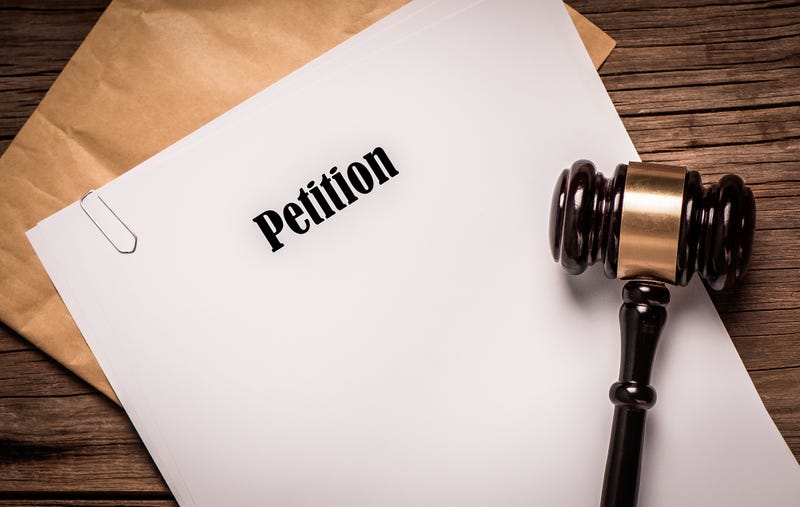 A petition, with a judge's gavel atop