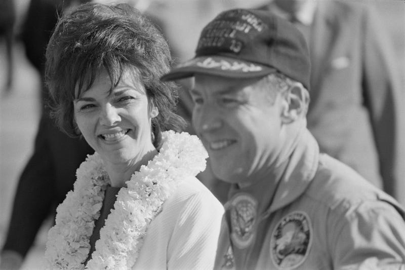 The Apollo 13 astronauts are reunited with their wives in Honolulu, Hawaii, after their safe return to Earth, 23rd April 1970. Pictured here are mission commander Jim Lovell and his wife Marilyn.