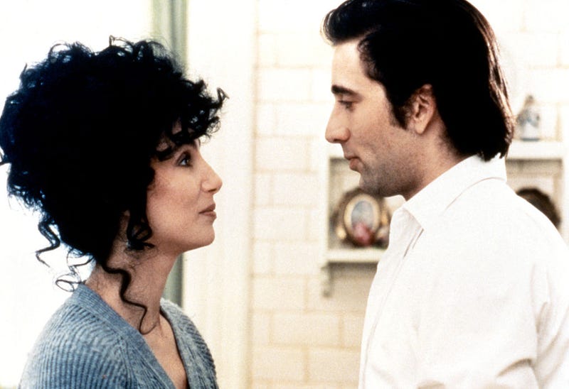 Cher and Nicolas Cage on the set of "Moonstruck," 1987.