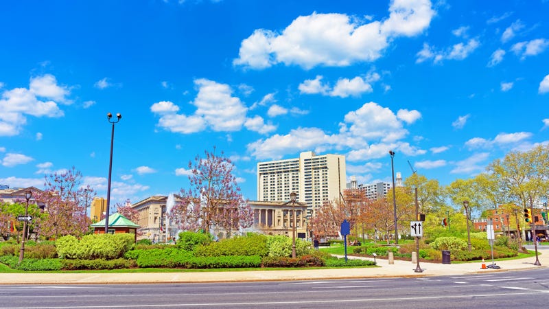 Philadelphia city skyline with spring flowers - stock photo