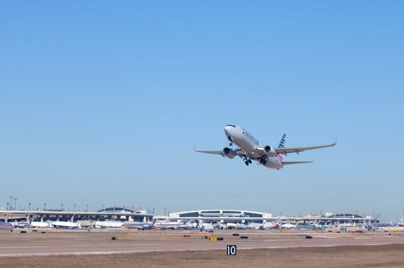 A flight at takes off at DFW Airport.