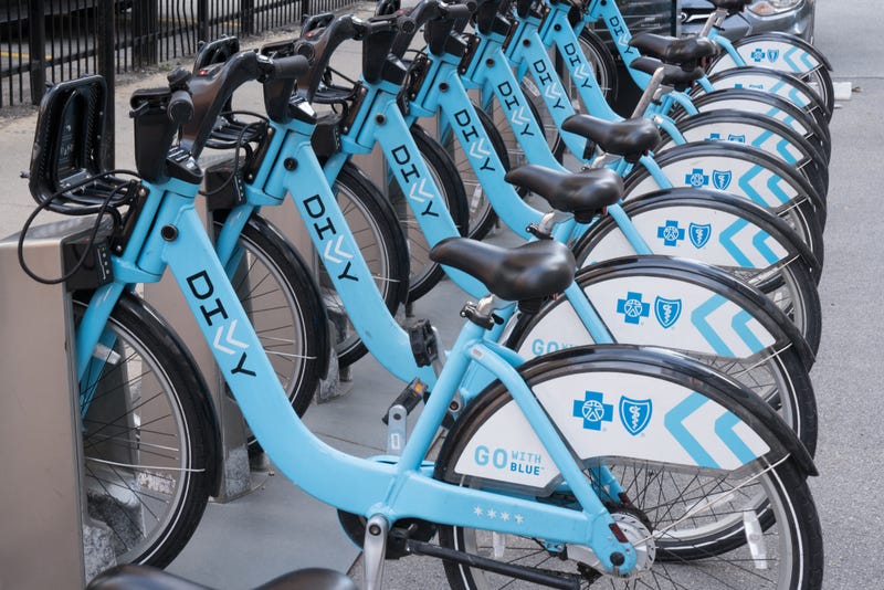 A row of Divvy bikes in charging stations