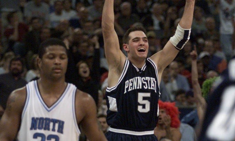 Jon Crispin of Penn State celebrates their victory over North Carolina in the 2001 NCAA South Regional second round game at the Lousiana Superdome in New Orleans, Louisiana.