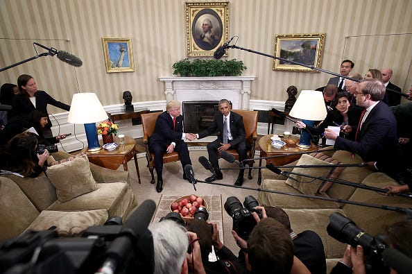 U.S. President Barack Obama (R) shakes hands with President-elect Donald Trump (L) following a meeting in the Oval Office November 10, 2016 in Washington, DC. Trump is scheduled to meet with members of the Republican leadership in Congress later today on Capitol Hill. (Photo by Win McNamee/Getty Images)