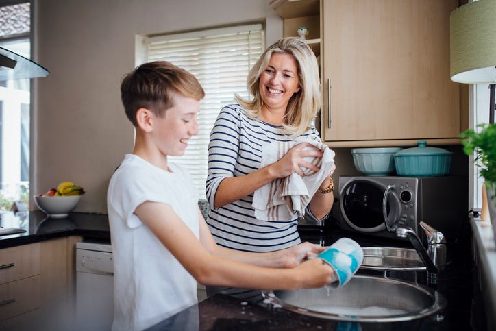 Mother And Son Doing Dishes