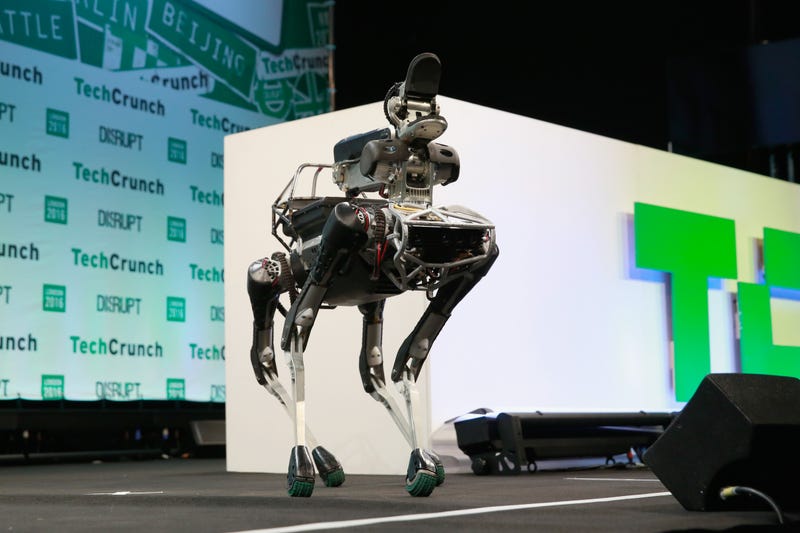 Boston Dynamics' Spot robot appears on stage during day 1 of TechCrunch Disrupt London at the Copper Box on December 5, 2016 in London, England.