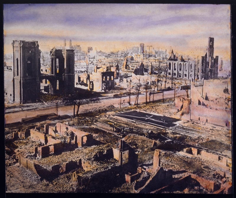 Ruins Along Wabash Avenue after the Great Chicago Fire; hand-colored lantern slide, circa 1871.