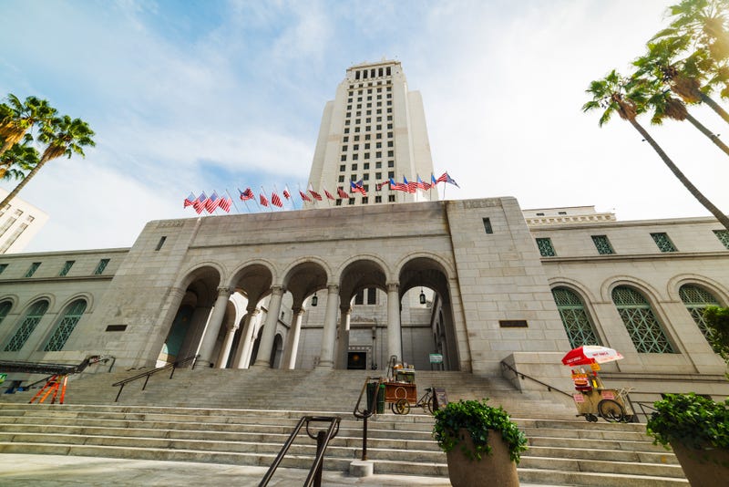Los Angeles city hall on a cloudy day,