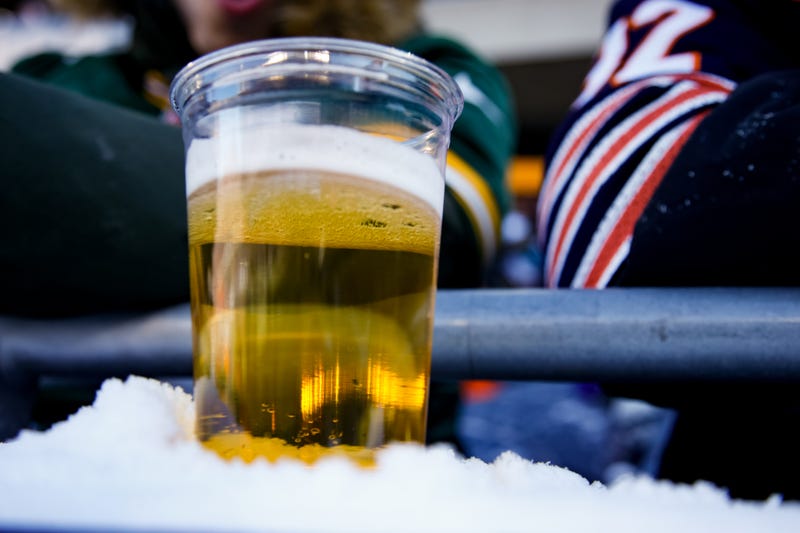 A beer sits on a snowy ledge during the game between the Chicago Bears and the Green Bay Packers at Soldier Field on Dec. 18, 2016, in Chicago