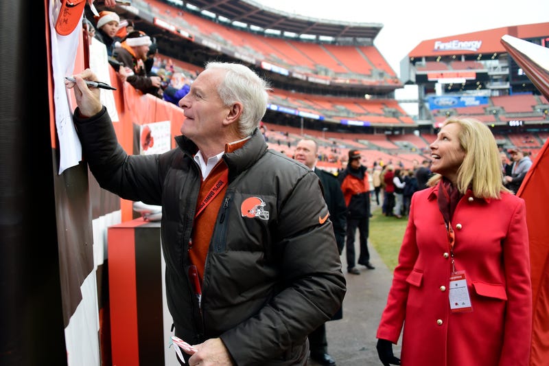 CLEVELAND, OH - DECEMBER 24: Owner Jimmy Haslam signs autographs before the game with his wife Dee Haslam at FirstEnergy Stadium on December 24, 2016 in Cleveland, Ohio. (Photo by Jason Miller/Getty Images)