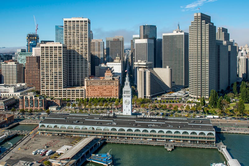 Aerial view of the Embarcadero and Port of San Francisco.
