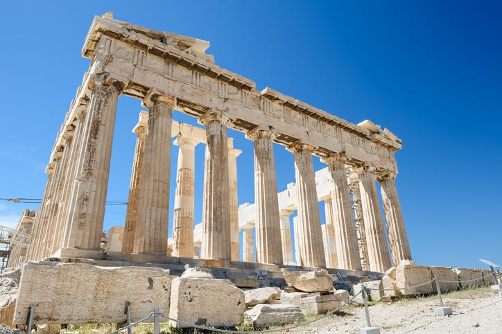 Fragment of the Parthenon, an archaic temple located on the Acropolis of Athens, built in 438 BC. Taken in Athens, Greece