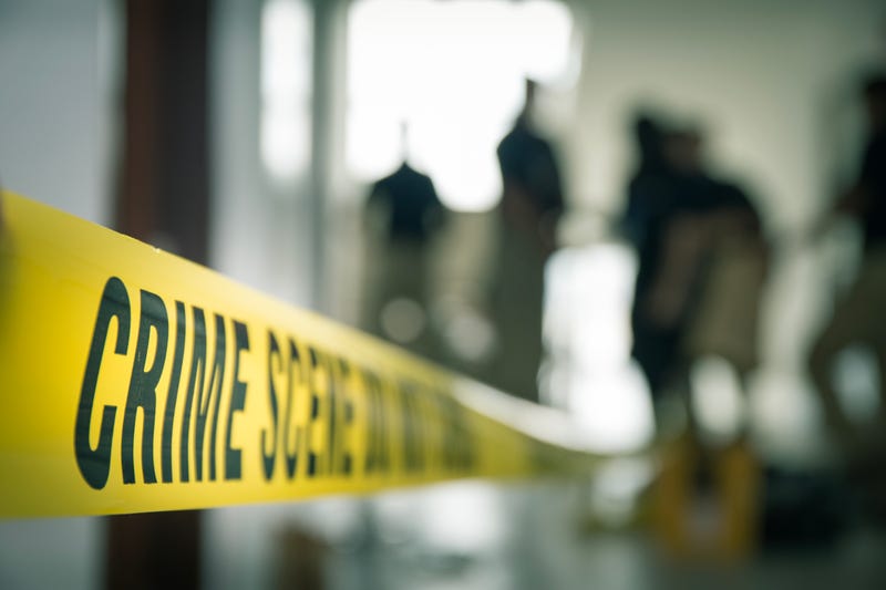 crime scene tape with blurred forensic law enforcement 