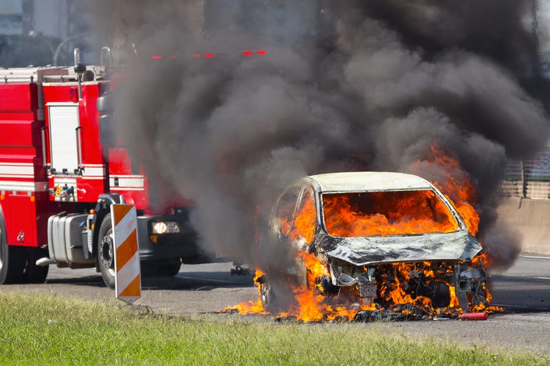 Car that has gone up in flames. 