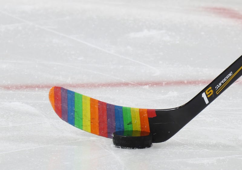 The New Jersey Devils skate in warm-ups prior to the game against the Montreal Canadiens with their sticks decorated for "Hockey is for Everyone" pride night at the Prudential Center on February 27, 2017 in Newark, New Jersey.