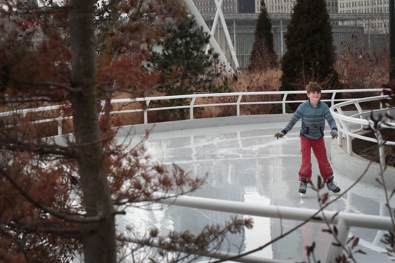 Despite temperatures around 60 degrees Pi Wellington ice skates in Maggie Daley Park on February 28, 2017 in Chicago, Illinois.
