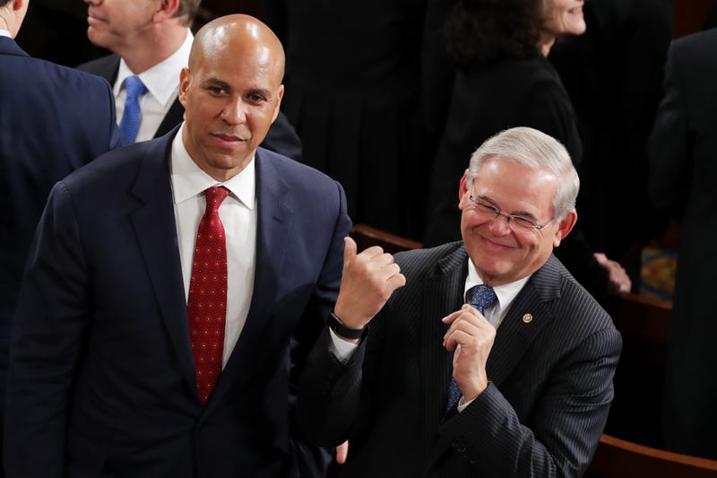 Sen. Cory Booker (D-NJ) and Sen. Bob Menendez (D-NJ) arrive to a joint session of the U.S. Congress in February 2017