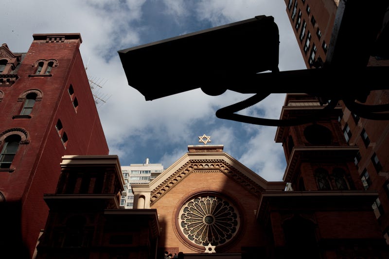 Security camera hangs across the street from the Park East Synagogue