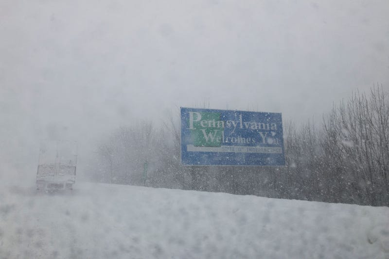 Snow falls on route 81 at the Pennsylvania/New York border on March 14, 2017.