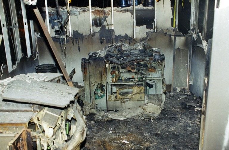 A photo provided by the FBI of damage to an office following an attack at the Pentagon on September 11, 2001.