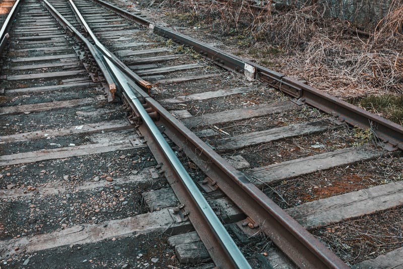 Close up of train tracks.