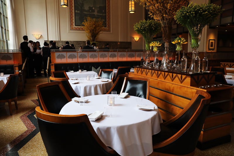 The main dining room is set for dinner at Eleven Madison Park at 11 Madison Avenue in the Flatiron District in New York City. 