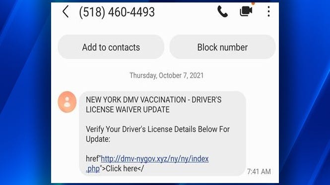 New York DMV warns of text message phishing scam asking for vaccine info