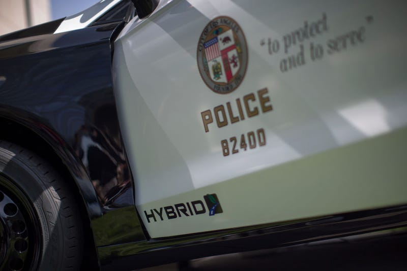 A hybrid police car is seen at the unveiling of two new Ford Fusion hybrid pursuit-rated Police Responder cars at Los Angeles Police Department headquarters on April 10, 2017 in Los Angeles, California.