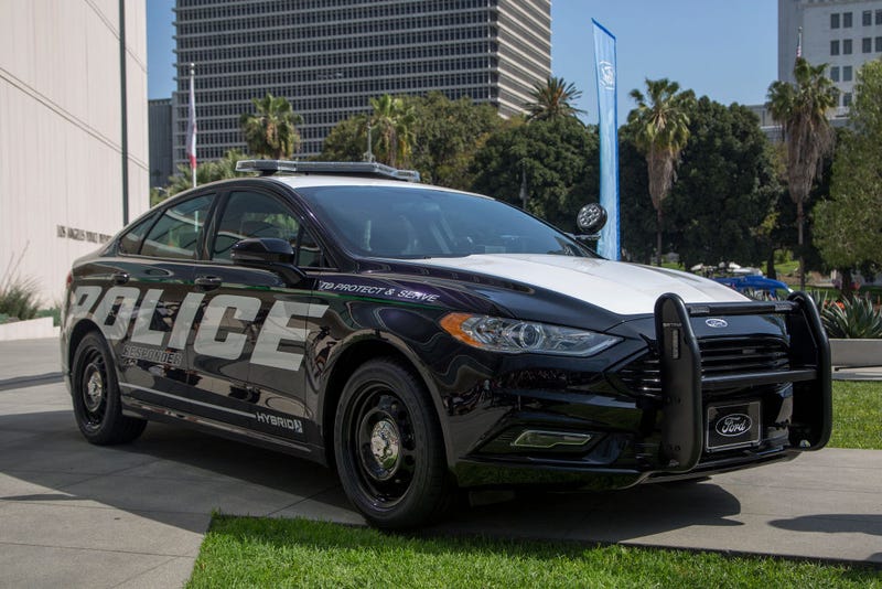 A hybrid police car is seen at the unveiling of two new Ford Fusion hybrid pursuit-rated Police Responder cars at Los Angeles Police Department headquarters on April 10, 2017 in Los Angeles, California. 
