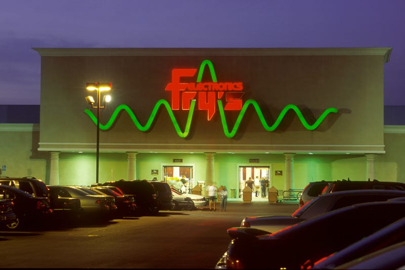 Customers exit Fry's Electronics at the heart of Silicon Valley April, 2000 in Sunnyvale, California.