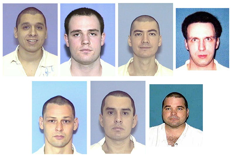 Mugshots of wanted armed convicts, who escaped from Connally Unit Prison, December 13, 2000. The convicts are top row L-R; Joseph C. Garcia, Randy Ethan Halprin, Larry Jame Harper and Patrick Henry Murphy, Jr. Bottom row, L-R; Donald Keith Newbury, George Rivas and Michael Anthony Rodriguez.