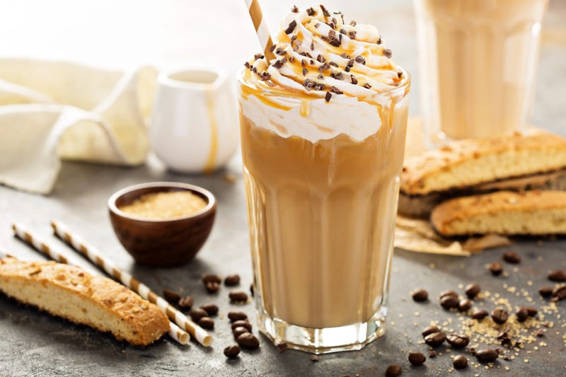 Iced caramel latte coffee in a tall glass