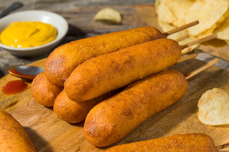 Deep Fried Corn Dogs with Mustard and Ketchup