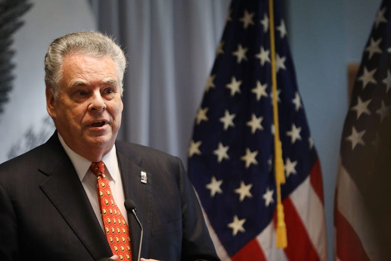 Long Island Congressman Peter King introduces Attorney General Jeff Sessions before he speaks to local, state and federal law enforcement about a recent spate of gang related killings on April 28, 2017 in Central Islip, New York.