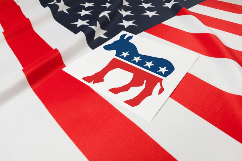 Democratic logo on top of American flag