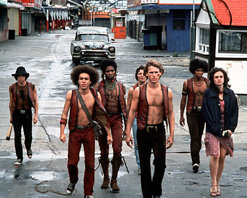 In a scene from the film "The Warriors," members of the titular gang walk west along Bowery Street in Coney Island in 1979.