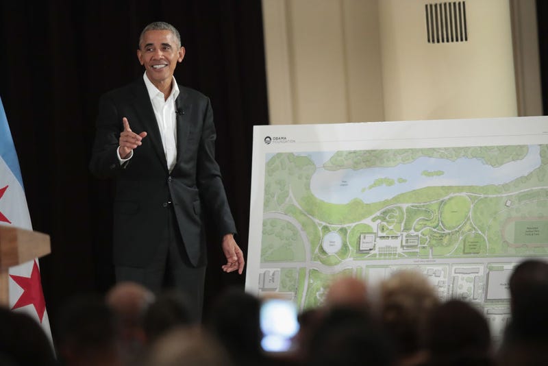 Former President Barack Obama points out features of the proposed Obama Presidential Center, which is scheduled to be built in nearby Jackson Park, during a gathering at the South Shore Cultural Center on May 3, 2017 in Chicago, Illinois. The Presidential Center design envisions three buildings, a museum, library and forum. Obama was accompanied at the event by his wife Michelle who was making her first trip back to Chicago since leaving the White House in January. 