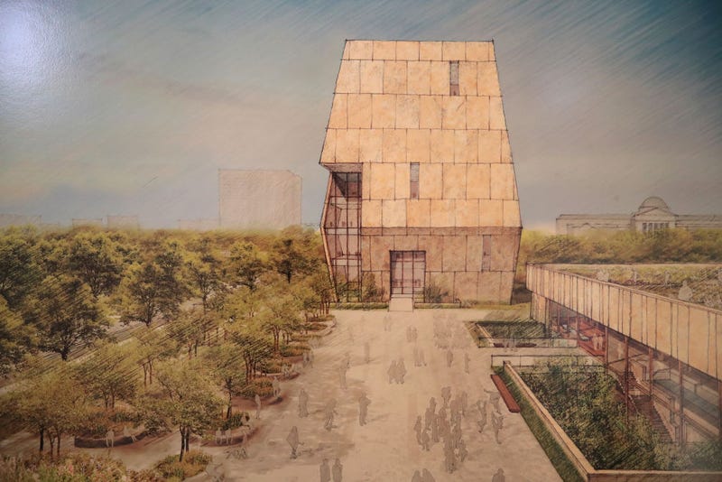 A rendering of the proposed Obama Presidential Center, which is scheduled to be built in nearby Jackson Park, is displayed at the South Shore Cultural Center during a roundtable discussion moderated by former President Barack Obama on May 3, 2017 in Chicago, Illinois. The Presidential Center design envisions three buildings, a museum, library and forum. Obama was accompanied at the event by his wife Michelle who was making her first trip back to Chicago since leaving the White House in January.