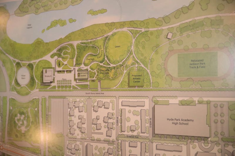 A rendering of the proposed Obama Presidential Center, which is scheduled to be built in nearby Jackson Park, is displayed at the South Shore Cultural Center during a roundtable discussion moderated by former President Barack Obama on May 3, 2017 in Chicago, Illinois. The Presidential Center design envisions three buildings, a museum, library and forum. Obama was accompanied at the event by his wife Michelle who was making her first trip back to Chicago since leaving the White House in January.