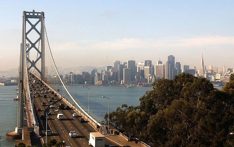 The western span of the San Francisco Bay Bridge and San Francisco skyline seen November 2, 2001.